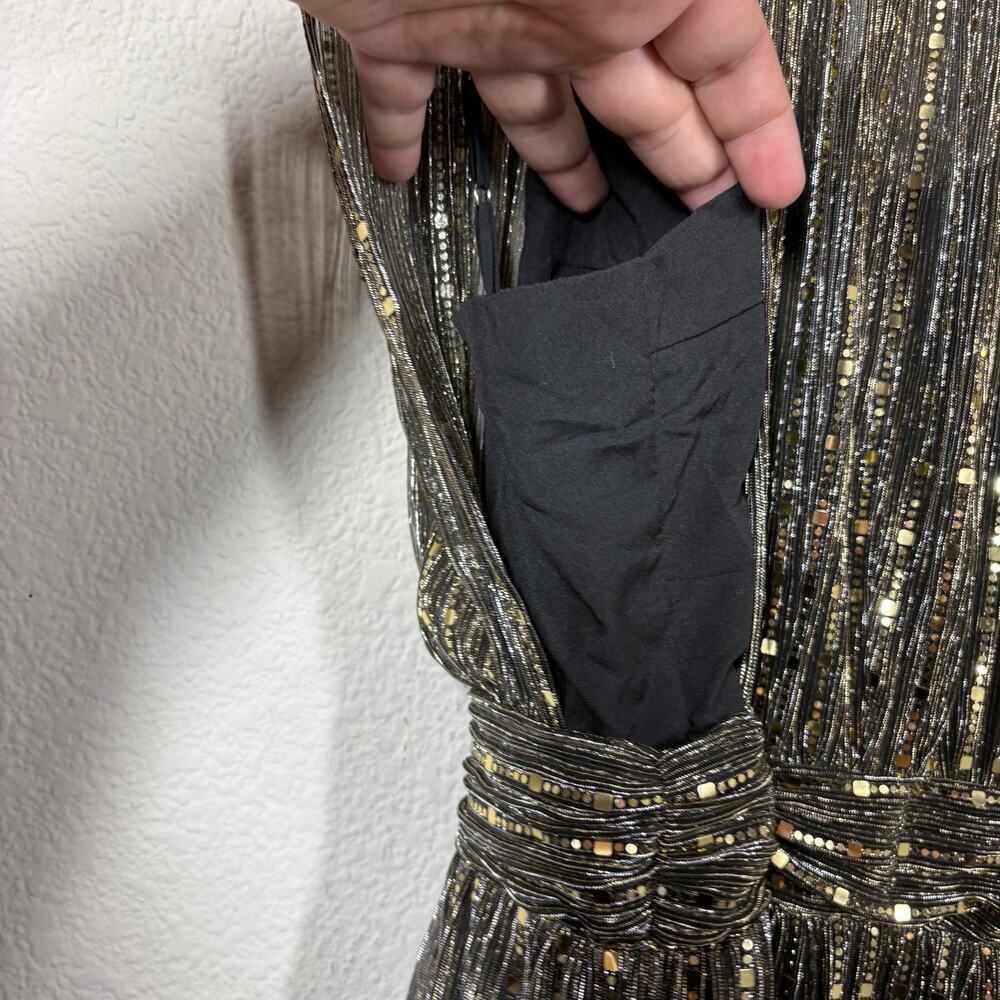 Ina [i:na] Large Metallic Gold Midi Tiered Dress Mock Neck Keyhole Sleeveless - Picture 7 of 10